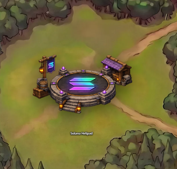 A hand-drawn, cartoon-style illustration depicts a "Solana Helipad" featuring a circular stone platform with the colorful Solana logo in the center, a small wooden hut, a banner, and crates set in a grassy clearing surrounded by trees.

The image relates to the post by visually representing a landing site on the Solana blockchain, symbolizing the project $TATO's expansion from its native Sui Network to a new network.