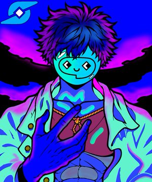 A vibrant digital illustration of an anime-style character with blue and pink hair, sparkling diamond eyes, and a blue-toned skin, holding up a hand wearing a ring.