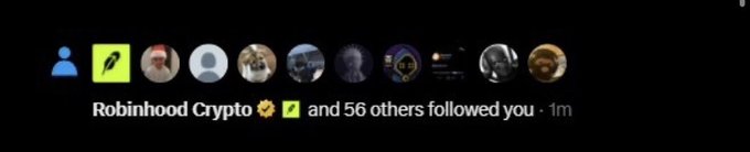 A notification bar showing that Robinhood Crypto, marked with a verified checkmark, and 56 others have followed the user, serving as visual confirmation of the new follow acknowledged in the post "Thanks for the follow @Robinhoodcrypto."