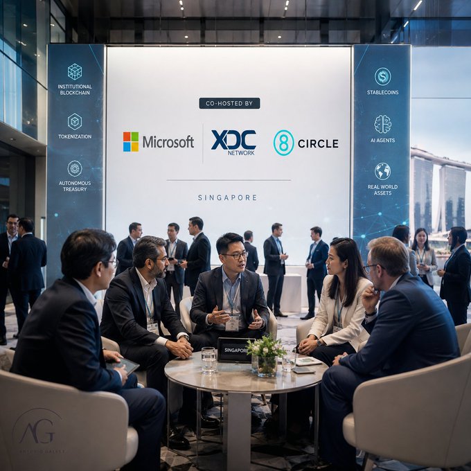 Professionals engage in roundtable discussions at the Microsoft Singapore offices during the Agentic Payments & Treasury Summit Singapore 2026, co-hosted by Microsoft, XDC Network, and 8 Circle, as displayed on the prominent banner behind them.