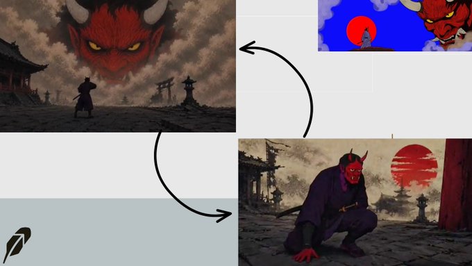 A collage of hand-drawn artwork from a samurai fighting game, featuring a red oni demon looming over a warrior, a side-scrolling gameplay scene, and a close-up of a horned samurai crouching near a red sun. The visuals showcase the artistic style of the onchain game being developed by Kredoos, highlighting the hand-drawn aesthetic that sets it apart from typical NFT projects.