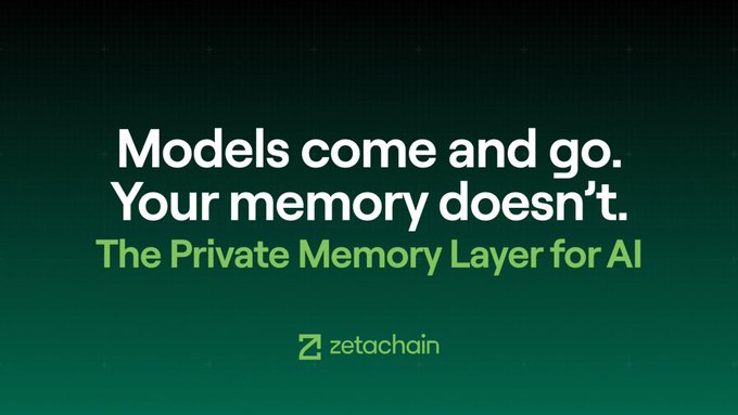 ZetaChain promotional graphic on a dark green dotted background reading "Models come and go. Your memory doesn't. The Private Memory Layer for AI," reinforcing the post's message that its platform persists AI conversations across deprecated models like GPT 5.4, GPT 5.2, Kimi K2.5, and DeepSeek V4 by transitioning them to successor models without losing context.