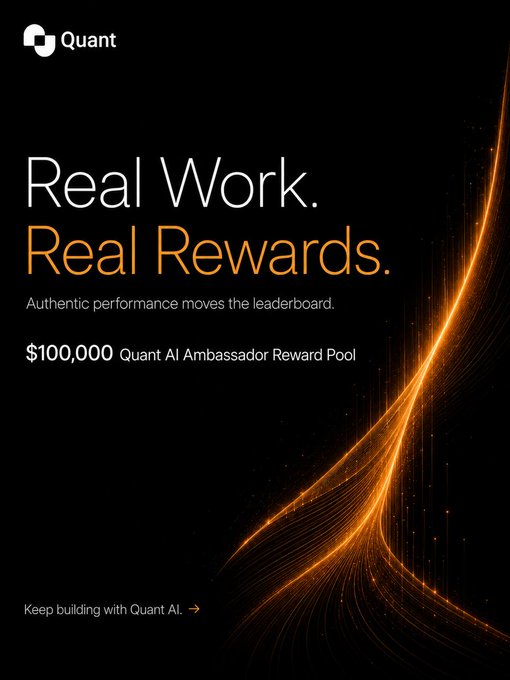 A promotional graphic for Quant AI displaying 'Real Work. Real Rewards.' along with text announcing a '$100,000 Quant AI Ambassador Reward Pool.'