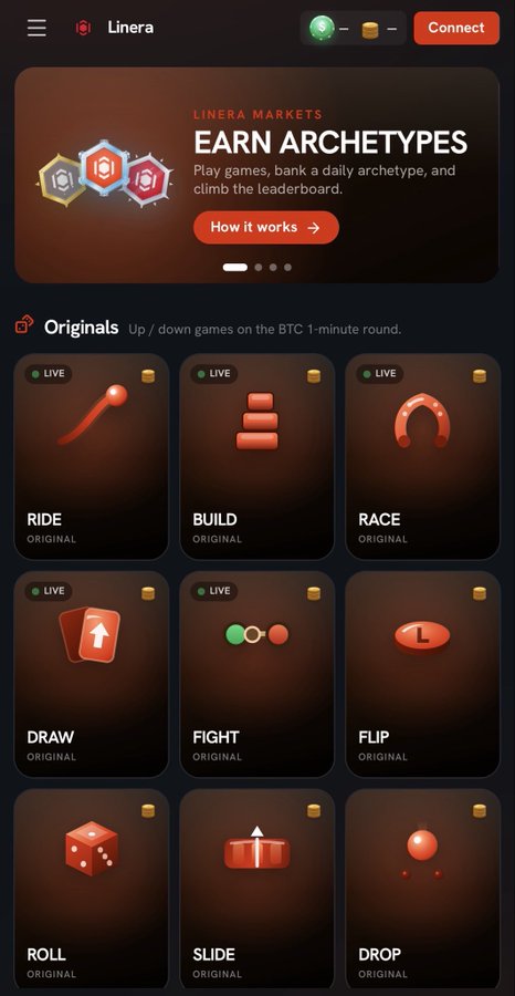 A dark-themed Linera platform interface displays a promotional banner for "LINERA MARKETS - EARN ARCHETYPES" alongside a grid of nine live "Originals" mini-games (Ride, Build, Race, Draw, Fight, Flip, Roll, Slide, Drop) for up/down BTC 1-minute trading. The gaming interface aligns with the post's optimistic outlook, showcasing Linera's scalable infrastructure ready to support hundreds of millions of transactions through its high-volume, interactive blockchain gaming ecosystem.