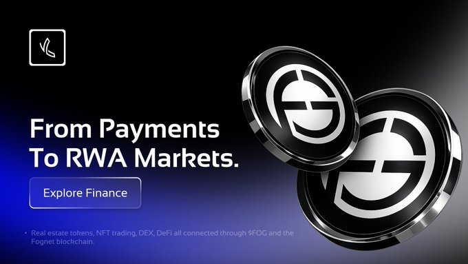The image features two black circles with a white logo, which are described as "from payments to RWA markets". The text above the circles reads "From payments to RWA Markets. Explore finance. Discover finance. Connect through FOGNET built everything. Messenger. Wallet. DEX. DeFi. NFTs. Real Estate Tokens. RWA Markets." This suggests that the image is related to a post about cryptocurrency projects and how they connect with RWA markets, possibly discussing the use of cryptocurrencies in financial transactions or exploring the potential benefits of using RWA for payments within the crypto space.