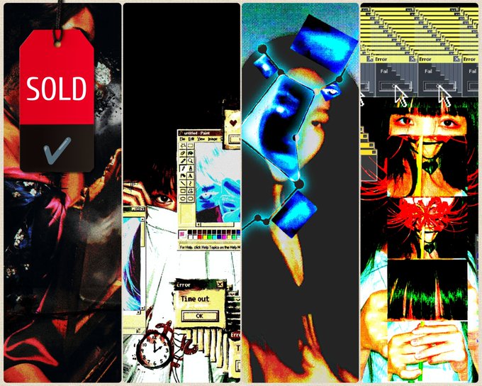 A four-panel digital collage features a red "SOLD" tag with a checkmark, alongside glitch-art portraits with floating blue geometric shapes and "Error" dialog boxes displaying "Time out".