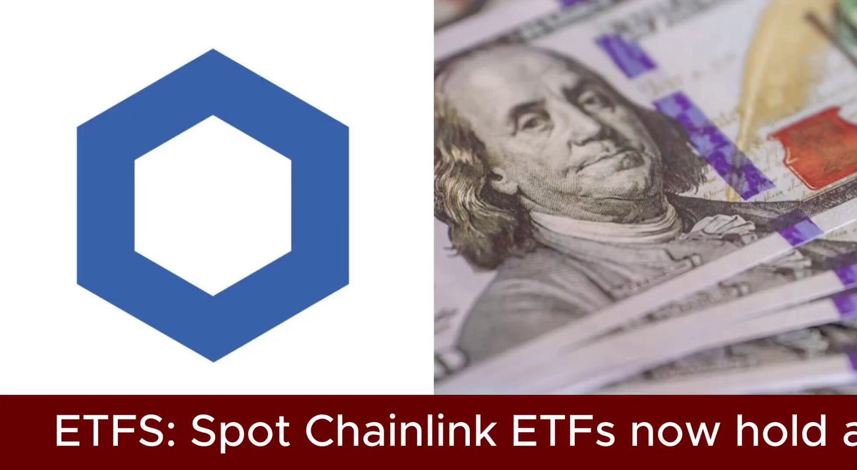 The image presents a close-up view of some money that appears to be in the form of US dollar bills. The money is arranged with stacks of $1,000's placed together. The image also contains text that says "Ets. Spot Chainlink ETFs now hold a".