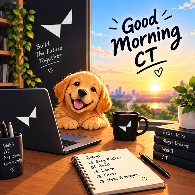 A cheerful golden puppy rests beside a laptop on a workspace featuring a "Good Morning CT" sunrise scene, with text "Build The Future Together," a notebook to-do list ("Stay Positive, Build, Learn, Grow, Make it Happen"), and books titled "Better Ideas, Bigger Dreams, Web3, CT"—visually tying the cozy morning vibe to the post's theme of smartphones as scalable sensor networks built by a creative community.
