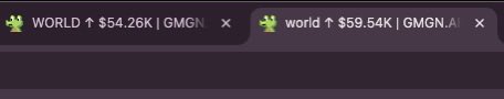 A dark image showing text reading 'WORLD ↑ $54.26K | GMGN' and 'world ↑ $69.54K | GMGN' alongside a green alien-like icon.