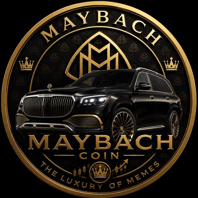 A circular gold and black coin design labeled 'MAYBACH' and 'MAYBACH COIN - THE LUXURY OF MEMES', featuring a black Mercedes-Maybach SUV in the center and an 'M' emblem.
