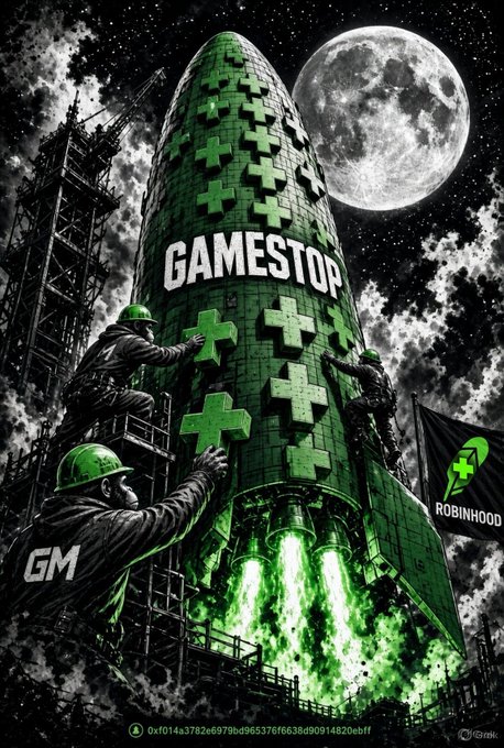 An artistic illustration of a GameStop rocket with workers in green hard hats, a Robinhood flag, and a full moon in the background.