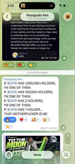 A screenshot of a Telegram channel "Poorgoats Pen" with 5,351 subscribers, featuring messages about the $CATE token, including a humorous post claiming to be one of the token's holders.