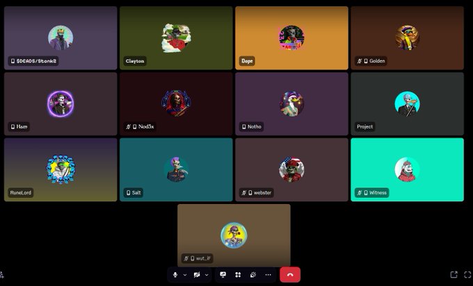 A video conference call interface displaying multiple participant tiles with usernames like 'BDE408/Sanaki', 'Claytoon', 'Dujo', and 'Ll Goiden'.