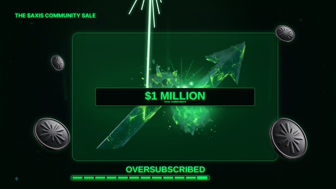 A promotional graphic for 'THE SAXIS COMMUNITY SALE' showing '$1 MILLION TOTAL COMMITMENTS' and 'OVERSUBSCRIBED' with a green crystalline design.