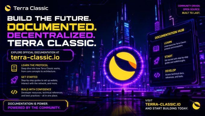 A futuristic promotional banner for Terra Classic with the tagline 'BUILD THE FUTURE. DOCUMENTED. DECENTRALIZED. TERRA CLASSIC.' directing users to explore documentation at terra-classic.io.