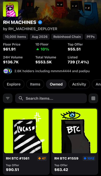 Mobile screenshot of the 'RH MACHINES' NFT collection page on Robinhood Chain, displaying a floor price of $61.91, 2.6K holders, and individual items like 'RH BTC #1561' and 'RH BTC #1559'.
