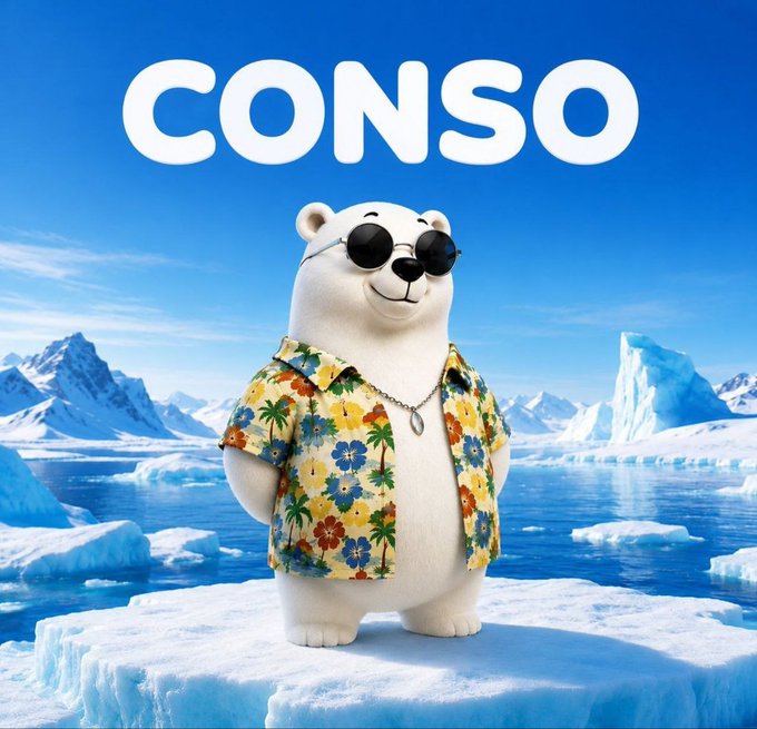 A cartoon polar bear wearing sunglasses and a floral shirt stands on an icy landscape beneath large white text reading “CONSO.”