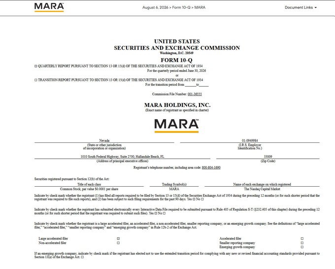 A SEC Form 10-Q cover page for MARA Holdings, Inc. dated August 6, 2026, listing the ticker as MARA.