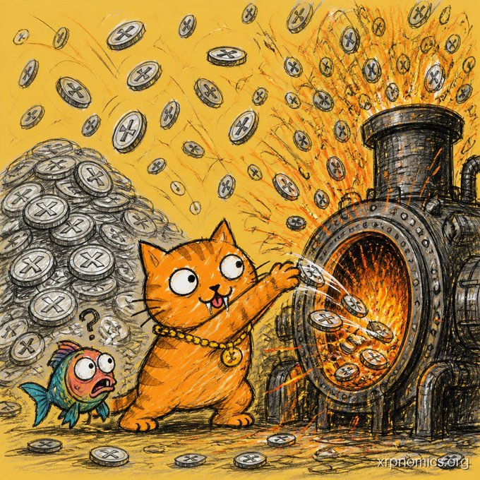 A cartoon illustration shows an orange cat wearing a gold chain feeding coins marked with an 'X' into a fiery furnace, while a confused fish looks on, against a yellow backdrop with the watermark "xrpnemics.org".