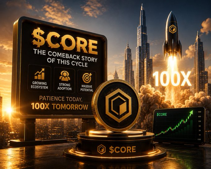 A promotional graphic for cryptocurrency $CORE featuring the text "$CORE THE COMEBACK STORY OF THIS CYCLE" alongside icons for "GROWING ECOSYSTEM," "STRONG ADOPTION," and "MASSIVE POTENTIAL," with "PATIENCE TODAY, 100X TOMORROW" and a launching rocket displaying "100X."