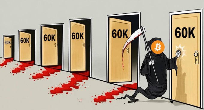 The Bitcoin Grim Reaper is knocking on the door labeled "60K" after leaving a trail of blood leading from other doors that also read "60K". This image depicts the volatility of Bitcoin, suggesting a bearish market where prices are falling.
