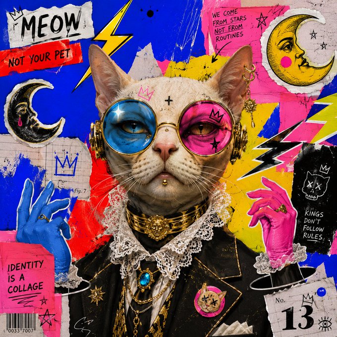 A vibrant collage artwork featuring a Sphynx cat wearing colorful round sunglasses and a gold collar, set against a chaotic mix of pink, blue, and yellow backgrounds with text including "MEOW," "NOT YOUR PET," "WE COME FROM STARS NOT FROM ROUTINES," and "IDENTITY IS A COLLAGE."