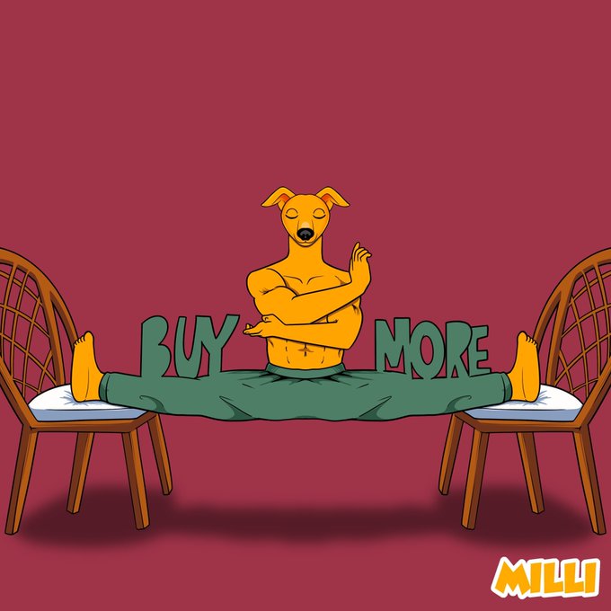 An illustration of an anthropomorphic yellow dog character doing the splits between two chairs while reading a 'BUY MORE' book, with the 'MILLI' logo in the corner.