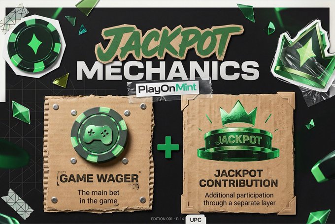 A promotional graphic titled "JACKPOT MECHANICS" by PlayOnMint (Edition 001, P.14, UPC) features two cardboard-style panels explaining the system: a "GAME WAGER" panel describing "the main bet in the game" and a "JACKPOT CONTRIBUTION" panel noting "additional participation through a separate layer." The image visually reinforces the post's point that jackpot participation on PlayOnMint is a separate contribution layer rather than being automatically bundled with every main wager.