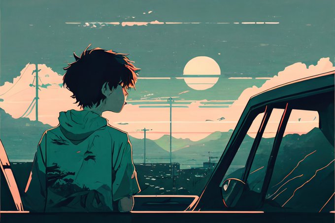 An anime-style illustration of a young person in a teal hoodie standing next to a car at sunset, gazing toward the horizon and a large sun.