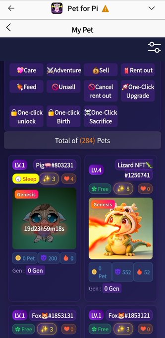 A mobile app screenshot titled 'Pet for Pi' showing a 'My Pet' collection of 284 digital pets, including a LV.1 Pig (Sleep status, 19d23h59m18s) and a LV.4 Lizard NFT (#1256741) with Genesis status.