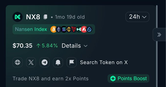 The image shows a screenshot of a trading app screen that displays information about the Bitcoin Exchange Nansen Index (FX8). The screen lists various coins available for trading at $NX8, including Bitcoin, Ethereum, Sol, BNB, TRX, AVAX, SUI, and HYPE. The post emphasizes the benefits of using the FX8 exchange to trade these coins, as it simplifies managing multiple different coins that are usually juggled by traders.