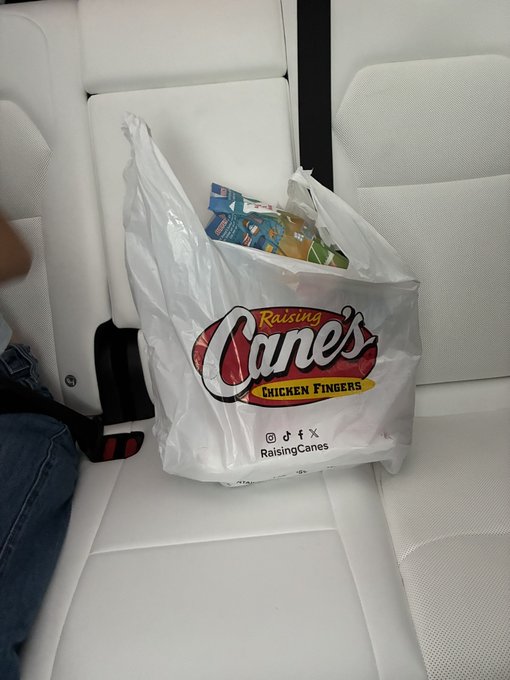 A Raising Cane's plastic bag (Chicken Fingers) with visible sauces sits on the white leather backseat of a Tesla ($TSLA), accompanying the post's caption about trusting fast food on the car's pristine seats.