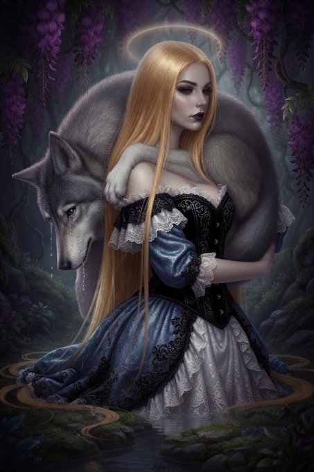 A fantasy illustration of a blonde woman with a halo embracing a large gray wolf in a dark forest setting with hanging purple wisteria flowers.