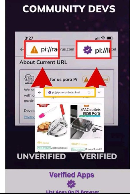 The image compares "UNVERIFIED" and "VERIFIED" community developer badges in the Pi Browser, highlighting key visual differences: unverified apps display an orange warning triangle ⚠️ icon (as shown on pi://rap...rus.com), while verified apps feature a purple checkmark badge ✓ (as shown on pi://li...cel). 

This directly reinforces the post's message about the importance of checking an app's verification status before transacting in the Pi ecosystem, helping users visually distinguish between apps that have been authenticated by the Pi Core Team and those that have not.