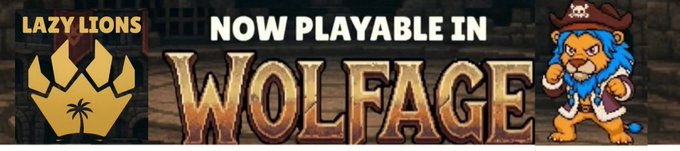 The image features a banner for a video game called Wolfage. The banner has a cartoon lion wearing a pirate hat and a sword, with the words "Wolfage" written above it. Below the banner, there's text that reads "Now Playable In Wolfage", indicating that the game is now available to play. The image also includes a link to the game's website for more information about the game or to purchase it.