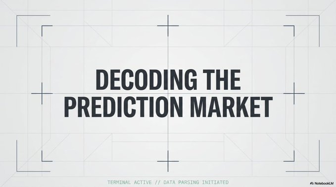 A minimalist title card with blueprint-style crosshairs reading 'DECODING THE PREDICTION MARKET' with 'TERMINAL ACTIVE // DATA PARSING INITIATED' and the NotebookLM logo at the bottom.