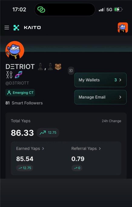 Screenshot of a Kaito profile showing username 'D3TRIOTT' with 86.33 Total Yaps, 85.54 Earned Yaps, and 0.79 Referral Yaps, labeled as 'Emerging CT' with 81 Smart Followers.