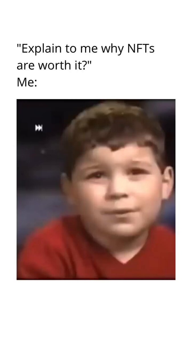 The image features a young boy wearing a red shirt, with his face clearly visible against a white background. The caption below the image reads "Explain to me why NFTs are Worth It?".