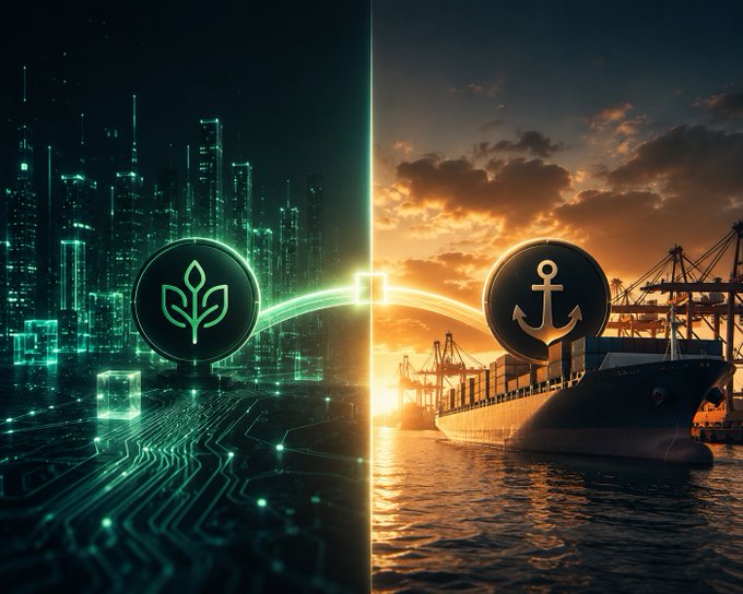 A vertical split-screen digital artwork contrasting a dark, neon green futuristic cityscape with a plant logo on the left against a warm, orange sunset over an industrial cargo ship with an anchor logo on the right.