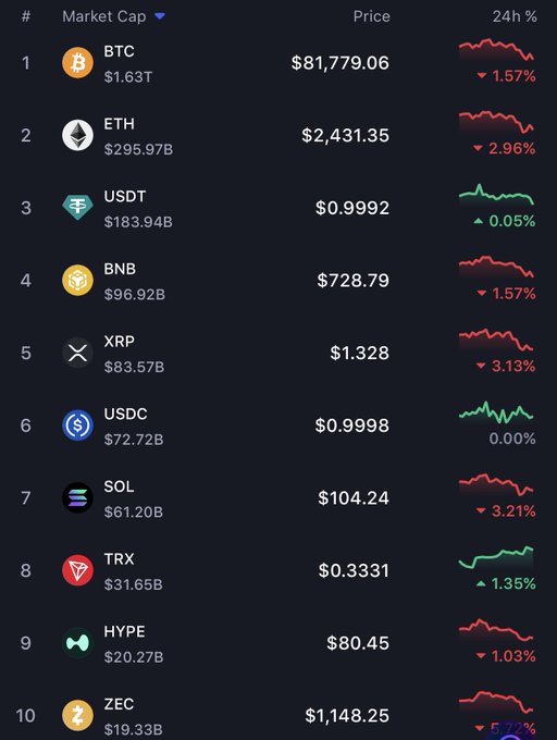A cryptocurrency market cap leaderboard showing BTC at #1 ($1.63T, $81,779.06), ETH at #2 ($295.97B, $2,431.35), and other top 10 coins including USDT, BNB, XRP, USDC, SOL, TRX, HYPE, and ZEC—visually supporting the post's argument that major cryptocurrencies each have significant flaws (BTC's size, ETH's slowness, XRP's high supply, SOL's "jeets").