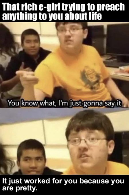 A two-panel meme with the text 'That rich e-girl trying to preach anything to you about life,' showing a boy in glasses saying 'You know what, I'm just gonna say it' and then 'It just worked for you because you are pretty.'