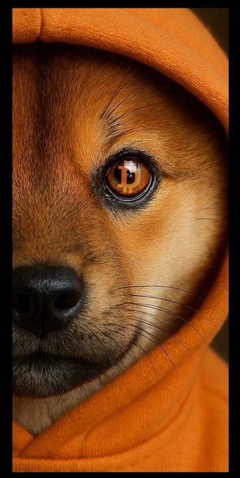 A striking close-up portrait of a dog's face wrapped in an orange hood, highlighting its amber eye and black nose.