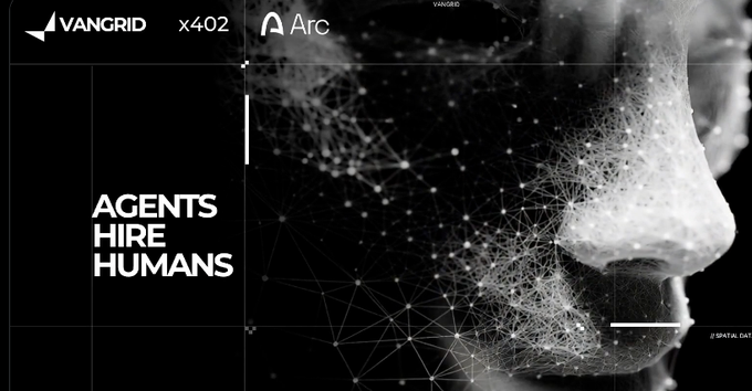 Black and white graphic showing a face partially formed by a digital mesh, with the text "VANGRID x402 Arc," "AGENTS HIRE HUMANS," and a "// BETA-0.01" label.