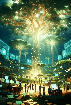 The image features a large tree with many branches, surrounded by people who are standing around it. The scene appears to be set in an art gallery or museum, as there are several monitors placed throughout the space. Some of these monitors seem to be displaying information about the artwork on display. The overall atmosphere suggests that this is a unique and interactive exhibit where visitors can engage with the displayed art pieces directly.