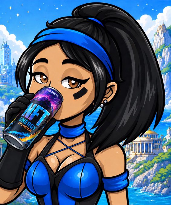 An anime-style digital illustration shows a woman with a blue headband drinking from a can labeled 'NFT ENERGY XPLOSION ZERO SUGAR' against a fantasy landscape background.