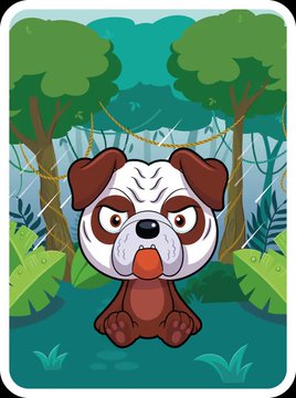 A cartoon illustration of an angry-looking brown and white bulldog standing in a stylized jungle setting with green trees and vines.