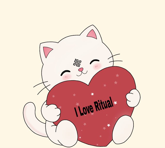 An illustration of a cute white cat with closed eyes hugging a large red heart that reads 'I Love Ritual'.