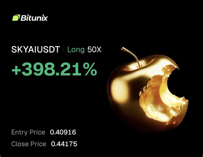 The image features a large, gold-colored apple with a bite taken out of it. The background is black, which helps emphasize the golden color of the apple. In the bottom right corner of the image, there is a post about Bitcoin, specifically SkyaiusDT Long 50X priced at 0.4 Intel and weighing in at 0.49 Intel.
