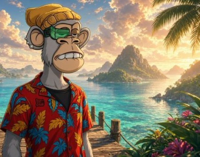 A cartoon illustration of a monkey wearing a yellow beanie, green sunglasses, and a red floral Hawaiian shirt, standing before a tropical seascape with islands and palm trees.
