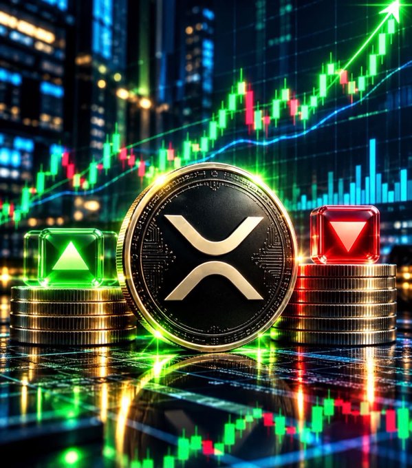 A digital artwork featuring a large gold XRP cryptocurrency coin flanked by red and green gem-like boxes, set against a background of rising green and red stock market candlestick charts.